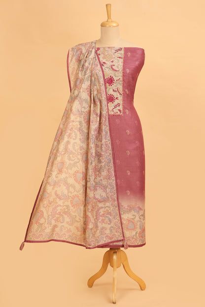 Pink with beige Chanderi unstitched suit set in Kantha work on neck and kantha print on shirt and dupatta