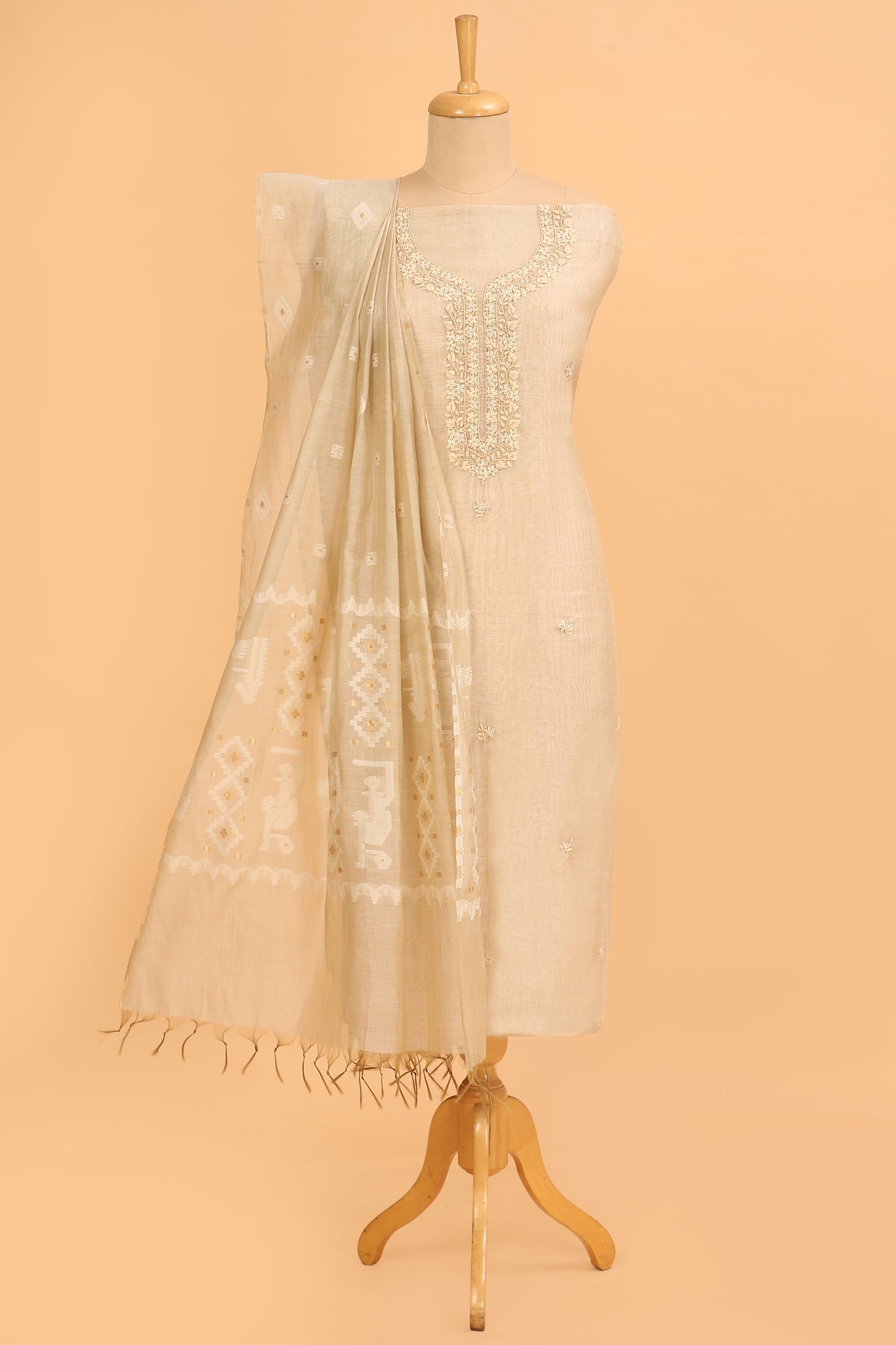 Off White Jamdani unstitched suit fabric with self Color French knot embroidery on neck with Jamdani weaved dupatta