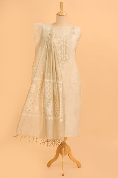 Off White Jamdani unstitched suit fabric with self Color French knot embroidery on neck with Jamdani weaved dupatta