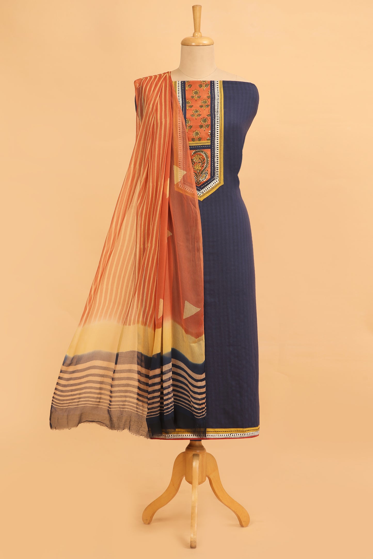 Blue Charm Handloom unstitched Cotton Suit with hand block Maroon Cotton Bottom