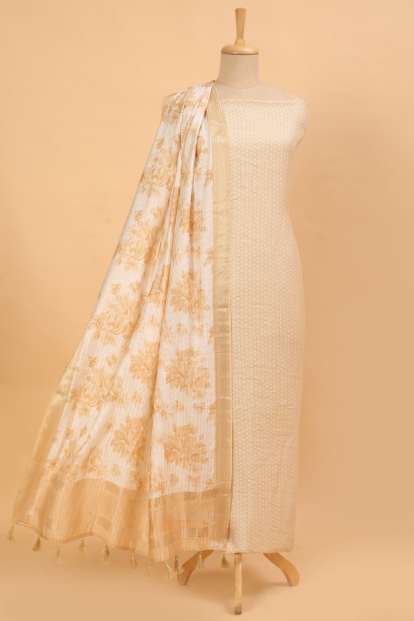 Lemon Yellow Assam Silk Unstitched suit set in Print and Zari woven stripes on shirt with Self Contrast Floral Printed and Zari woven Dupatta