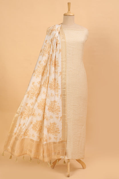 Lemon Yellow Assam Silk Unstitched suit set in Print and Zari woven stripes on shirt with Self Contrast Floral Printed and Zari woven Dupatta