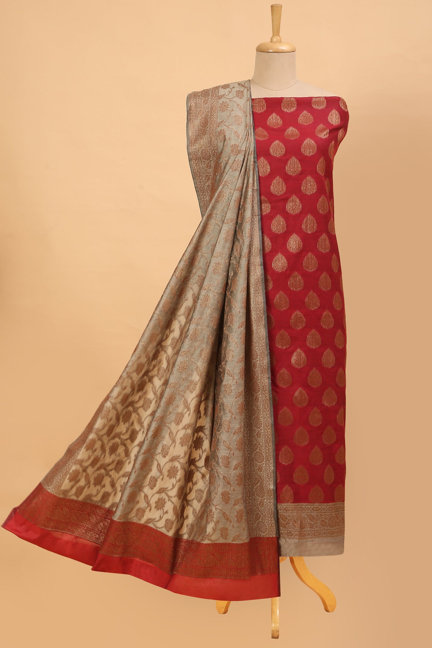 Red Banarasi Cotton Silk Zari Buti Woven Unstitched suit with Chiku Contrast Jaal Woven Dupatta