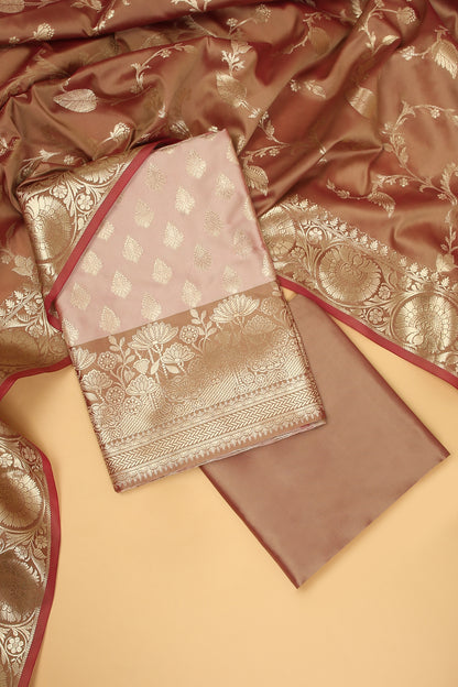 Chiku Pastel Base paired with Buti on shirt in Banarasi Silk Blend with Self Contrast Jaal Woven Dupatta