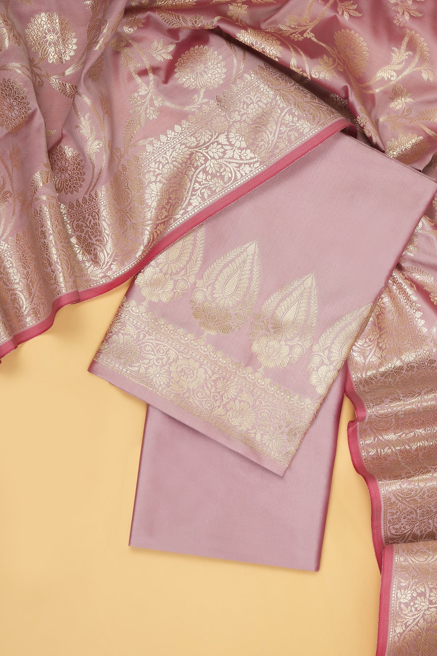 Blush Pink Banarasi Silk Blend Suit Set in Plain Shirt with Front Border and Jaal Woven Dupatta