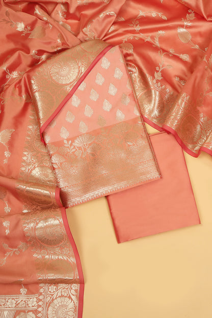 Peach Base paired with Buti on shirt in Banarasi Silk Blend with Self Contrast Jaal Woven Dupatta