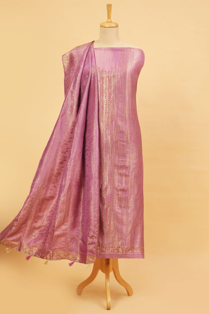 Soft pink Kimkhwab Silk suit set in intricate weaving with light meena detailed work on neckline and body with Gold zari woven dupatta