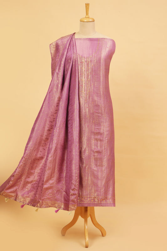Soft pink Kimkhwab Silk suit set in intricate weaving with light meena detailed work on neckline and body with Gold zari woven dupatta