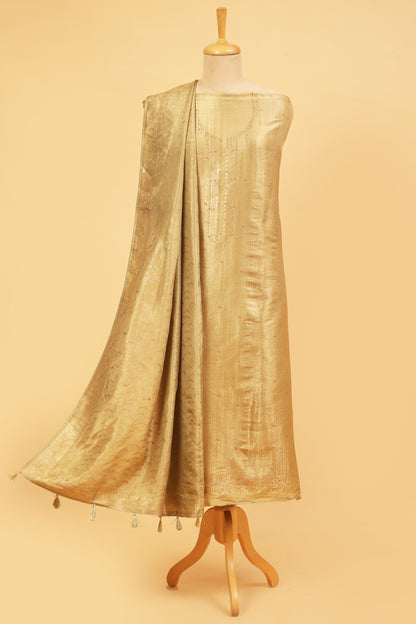Golden Kimkhwab Silk suit set in intricate weaving with light meena detailed work on neckline and body with Gold zari woven dupatta