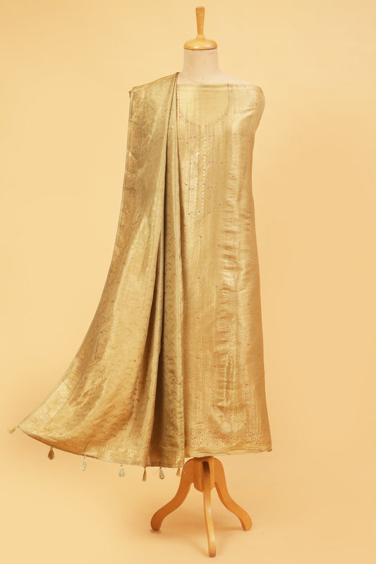 Golden Kimkhwab Silk suit set in intricate weaving with light meena detailed work on neckline and body with Gold zari woven dupatta