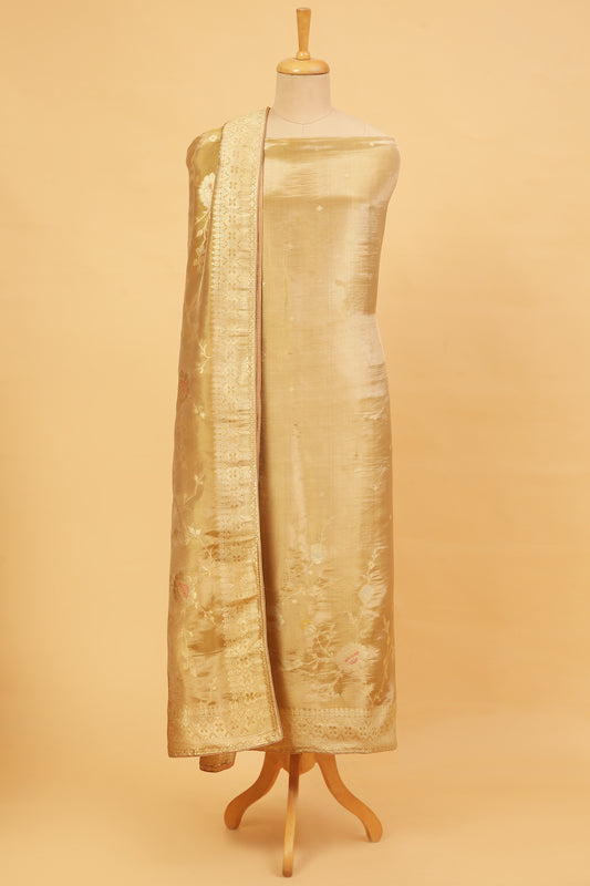 Golden Shimmer Tissue Silk in small buti paired with Floral and Meenakari Zari Weave on Daaman and Dupatta