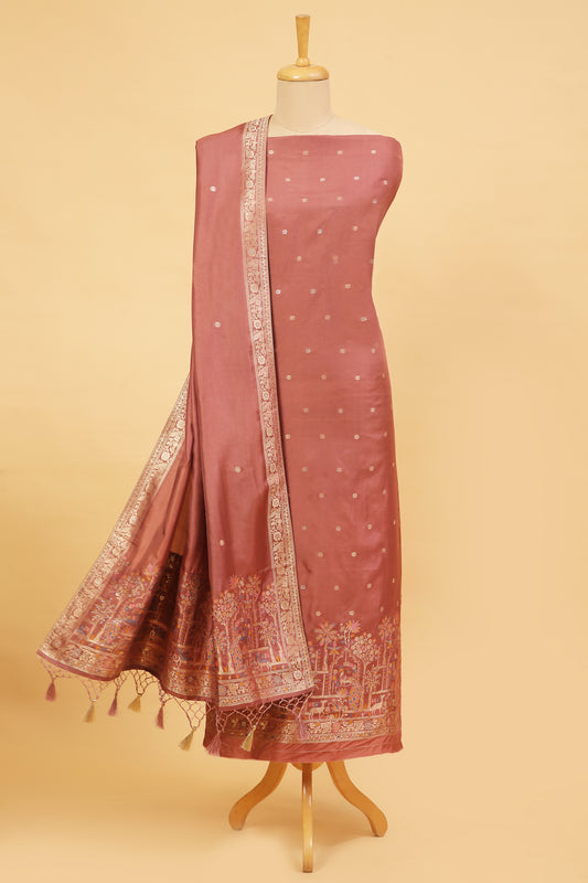 Matka Brown Chanderi Silk suit in small motifs all over shirt and dupatta with meenakari work on ghera and border