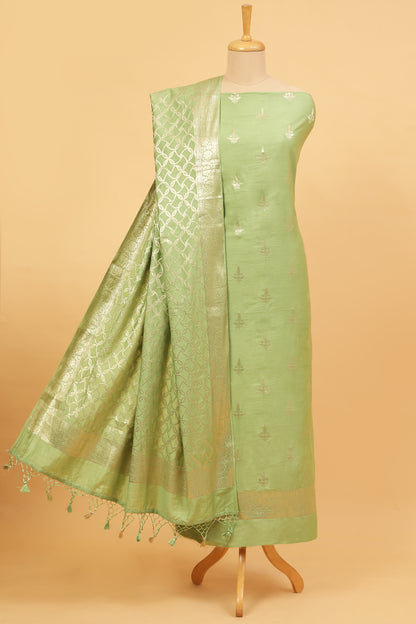 Green Chiniya Silk Blend Zari Woven Unstitched suit set with Zari Woven Dupatta