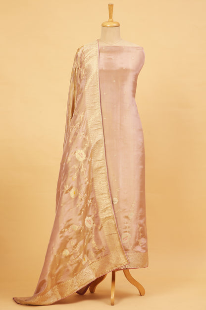 Soft Pink Tissue Silk in small buti paired with Floral and Meenakari Zari Weave on Daaman and Dupatta