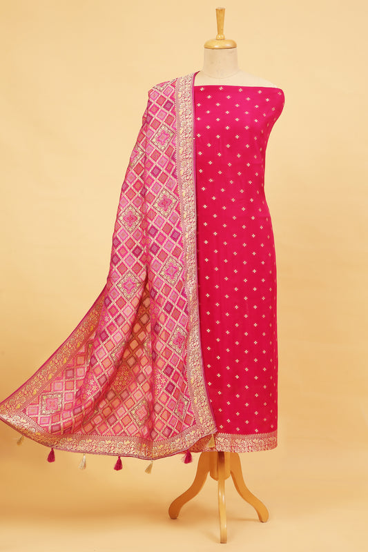 Rani Pink Khaddi Georgette Silk Suit in small buti on shirt and Bandhani Weave dupatta with plain crepe silk bottom
