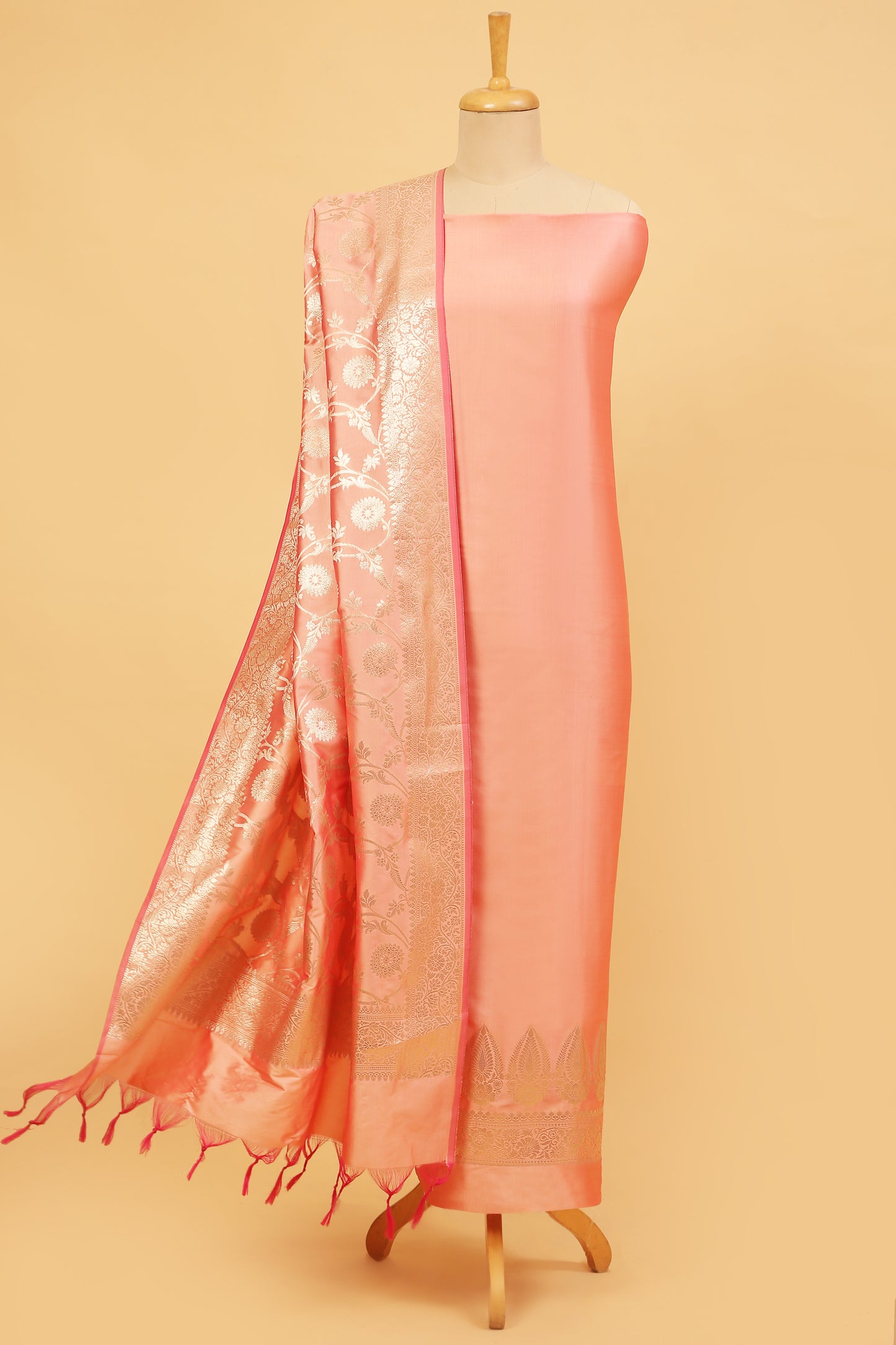 Peach Banarasi Silk Blend Suit Set in Plain Shirt with Front Border and Jaal Woven Dupatta