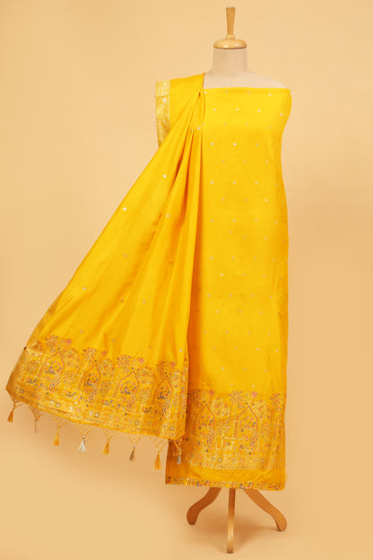 Yellow Chanderi Silk suit in small motifs all over shirt and dupatta with meenakari work on ghera and border