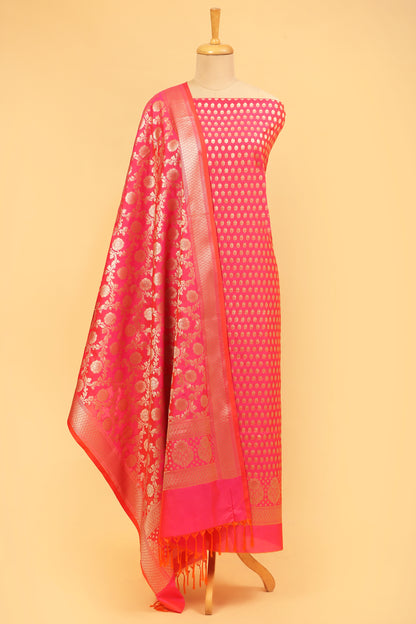 Bright Pink Katan Silk Blend Unstitched suit set with Tradtional Buti woven shirt and Tradional jaal woven Dupatta