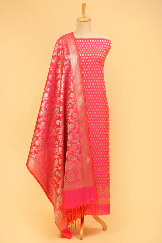Bright Pink Katan Silk Blend Unstitched suit set with Tradtional Buti woven shirt and Tradional jaal woven Dupatta