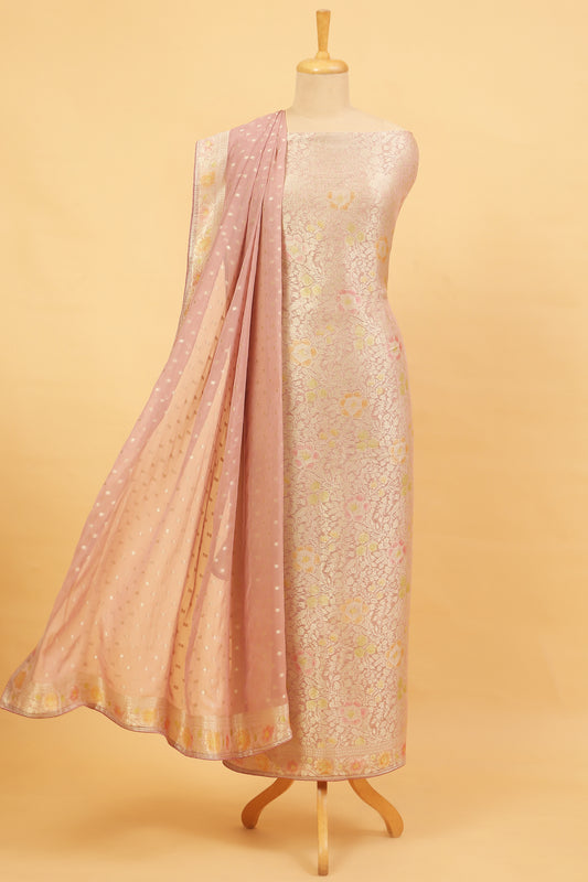 Mauve Khaddi Georgette Silk Suit in Floral Jaal pattern on shirt and Rangkaat on shirt and dupatta with plain crepe silk bottom