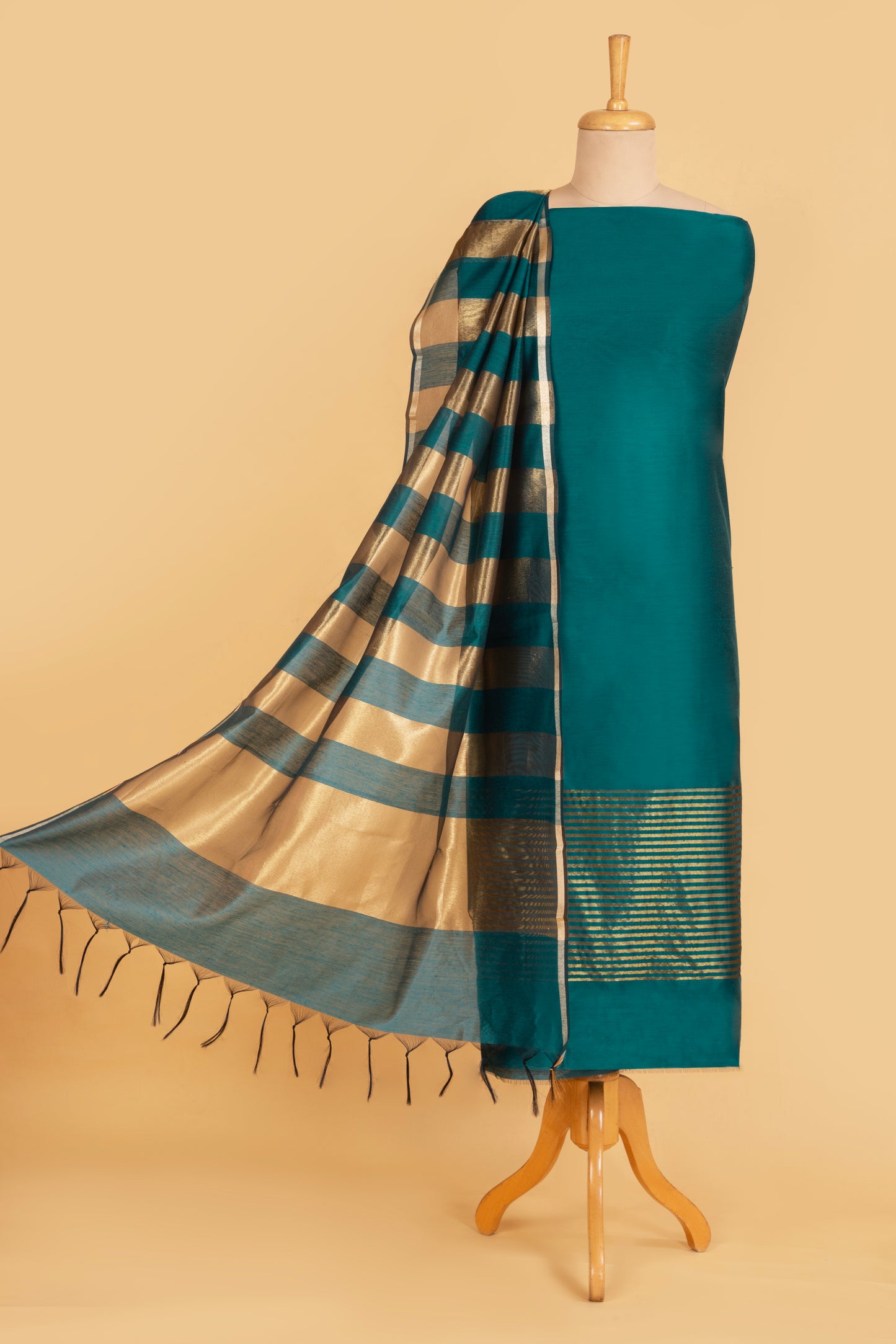 Teal Green Plain Banarasi Cotton Silk suit with woven border on daaman and Stripe woven golden zari dupatta