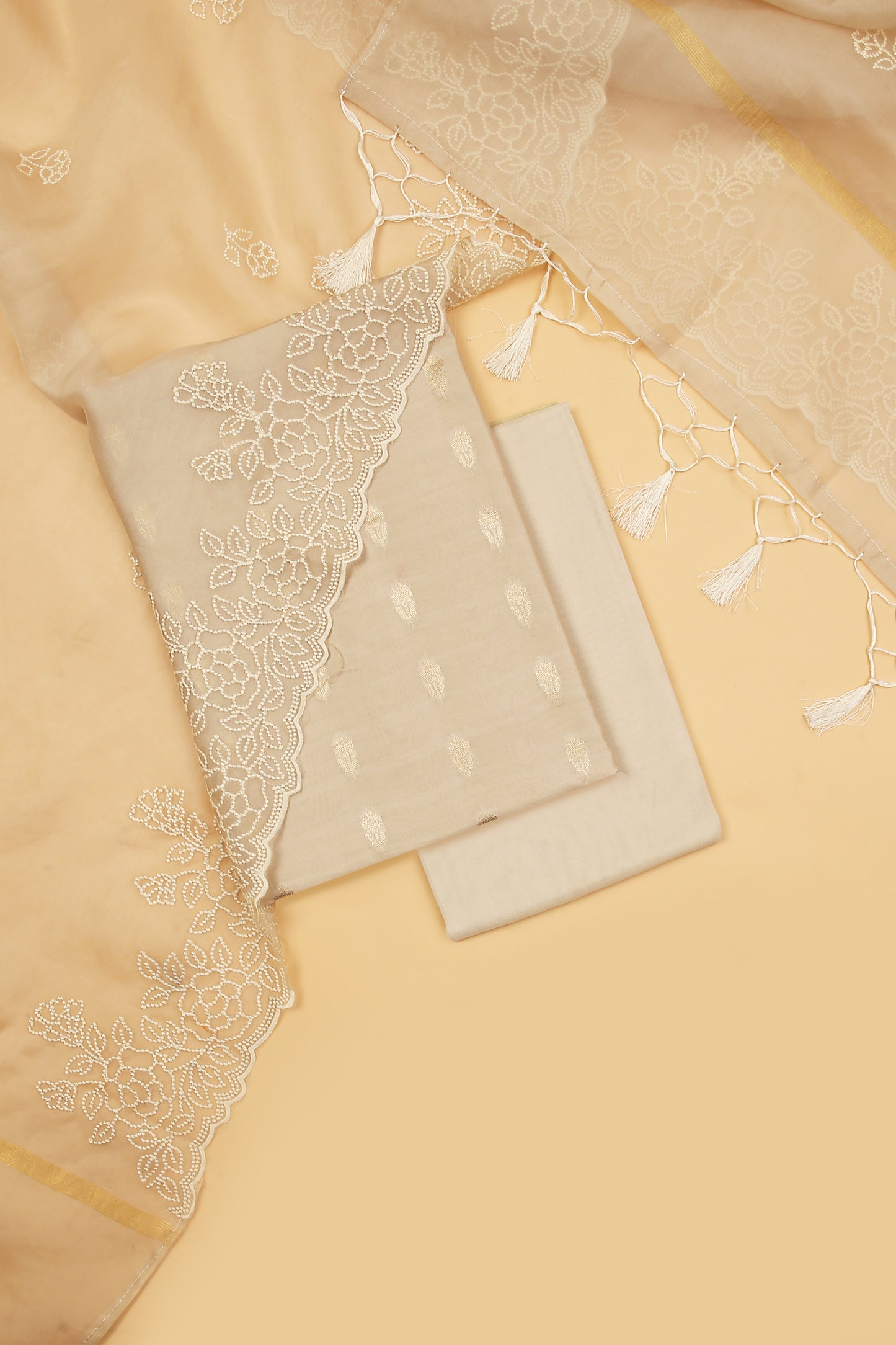 Ivory Pure Chanderi Unstitched Suit in buti weaving with Pure Organza embroidered dupatta