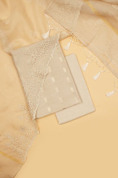 Ivory Pure Chanderi Unstitched Suit in buti weaving with Pure Organza embroidered dupatta