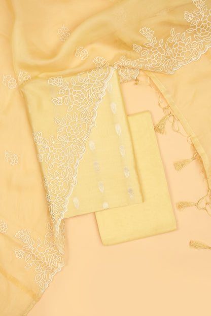Lemon yellow Pure Chanderi Unstitched Suit in buti weaving with Pure Organza embroidered dupatta