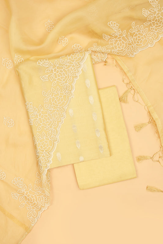 Lemon yellow Pure Chanderi Unstitched Suit in buti weaving with Pure Organza embroidered dupatta
