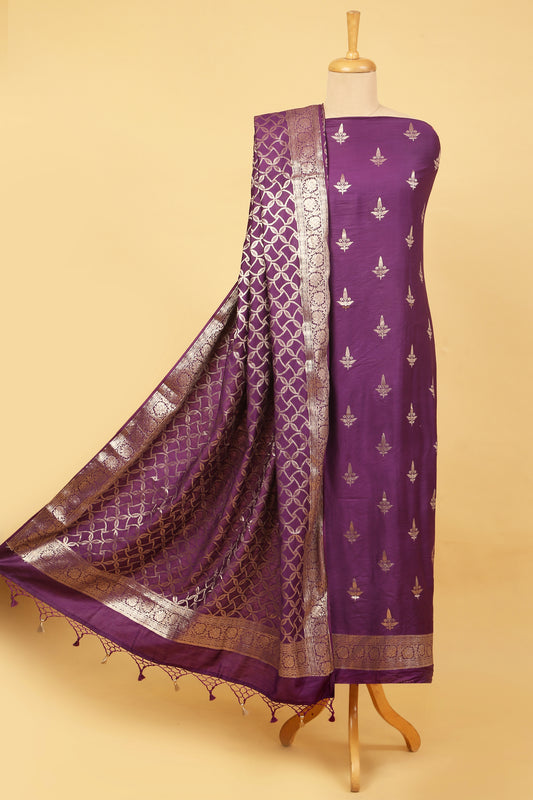 Royal Purple Chiniya Silk Blend Zari Woven Unstitched suit set with Zari Woven Dupatta
