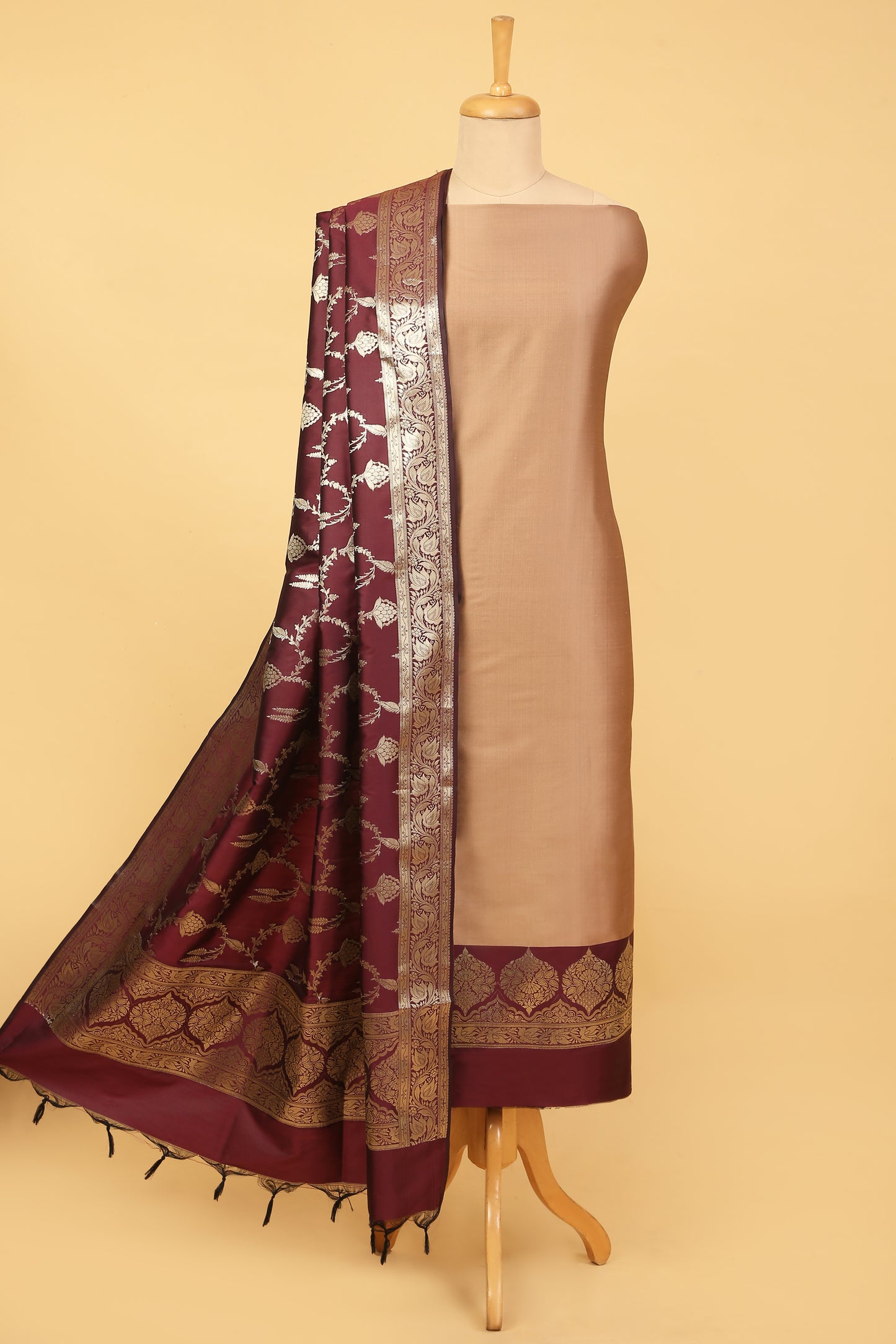 Nude Banarasi Silk Blend Suit Set in Plain Shirt with Contrast Maroon Front Border and Contrast Maroon Jaal Woven Dupatta