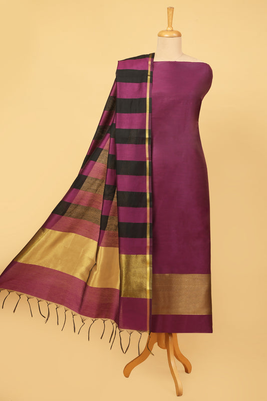 Wine Plain Banarasi Cotton Silk suit with woven border on daaman and Stripe woven golden zari dupatta