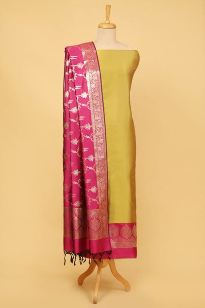 Yellow Banarasi Silk Blend Suit Set in Plain Shirt with Contrast Pink Front Border and Contrast Pink Jaal Woven Dupatta