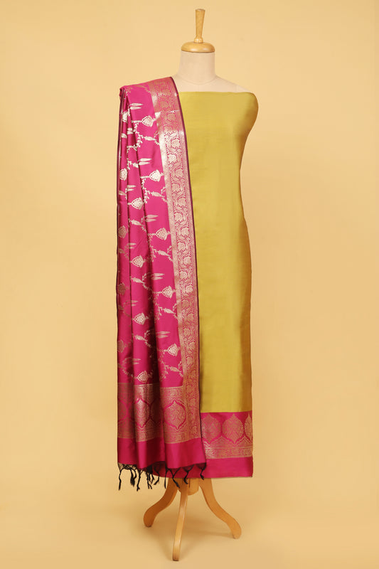 Yellow Banarasi Silk Blend Suit Set in Plain Shirt with Contrast Pink Front Border and Contrast Pink Jaal Woven Dupatta