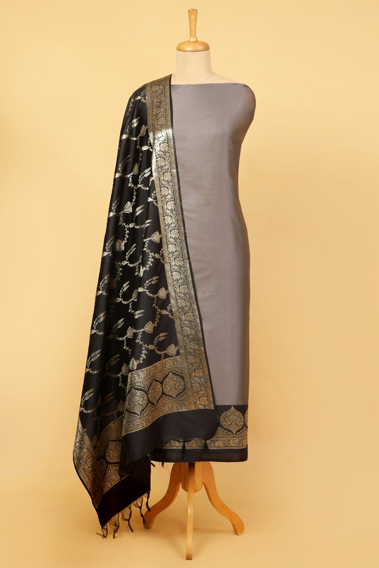 Grey Banarasi Silk Blend Suit Set in Plain Shirt with Contrast Black Front Border and Contrast Black Jaal Woven Dupatta
