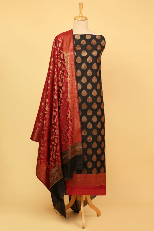 Black Banarasi Cotton Silk Zari Buti Woven Unstitched suit with Black Contrast Jaal Woven Dupatta