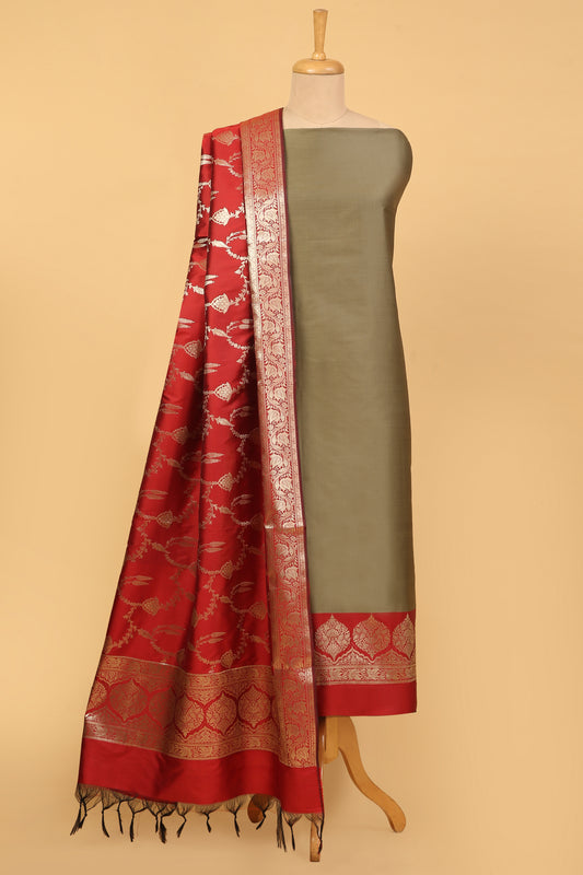 Olive Grey Banarasi Silk BlenSuit Set in Plain Shirt with Contrast Red Front Border and Contrast Red Jaal Woven Dupatta