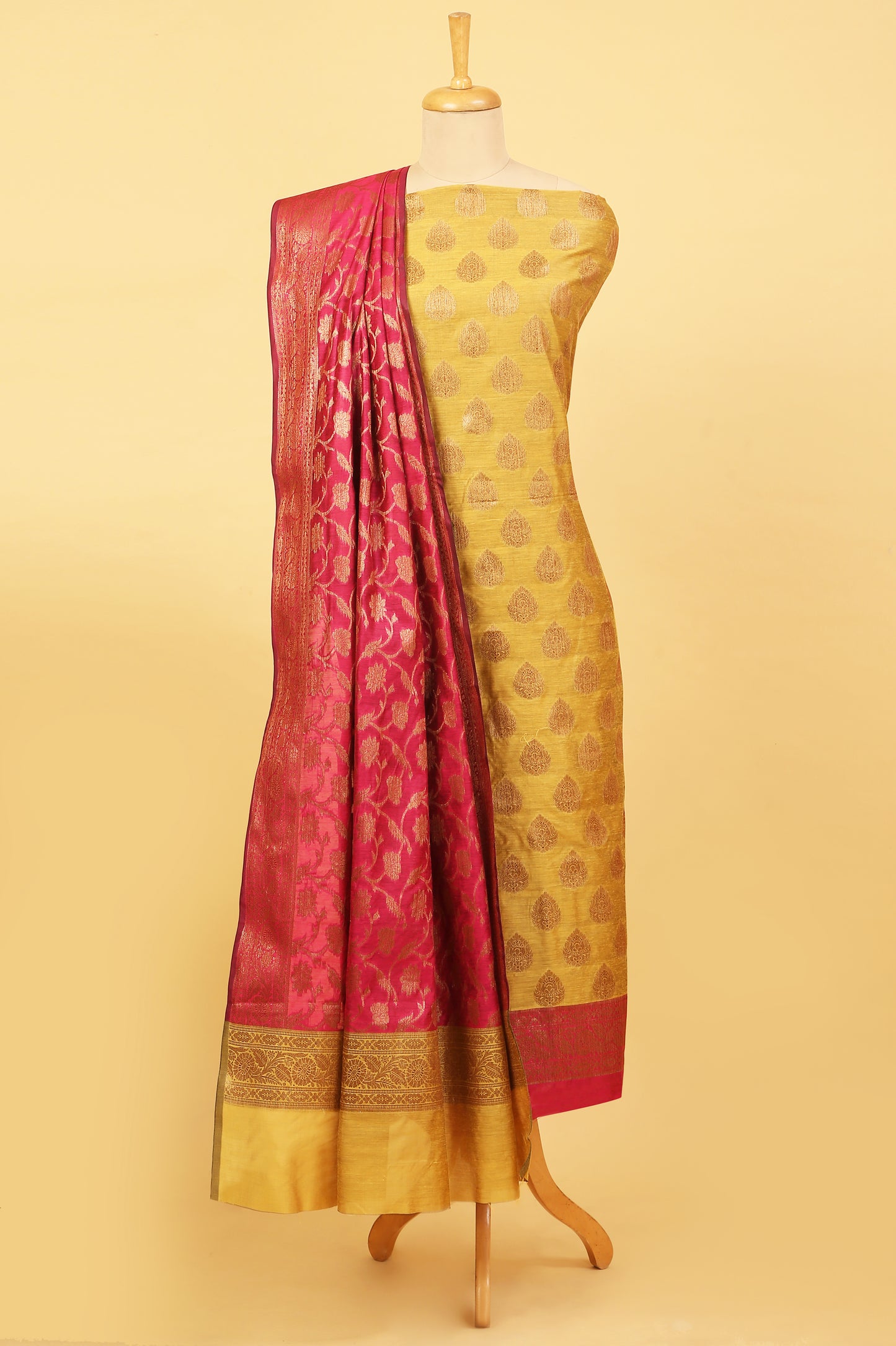 Mustard Yellow Banarasi Cotton Silk Zari Buti Woven Unstitched suit with Pink Contrast Jaal Woven Dupatta