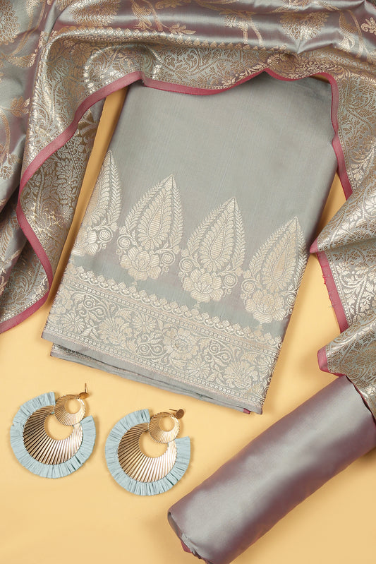 Grey Banarasi Silk Blend Suit Set in Plain Shirt with Front Border and Jaal Woven Dupatta
