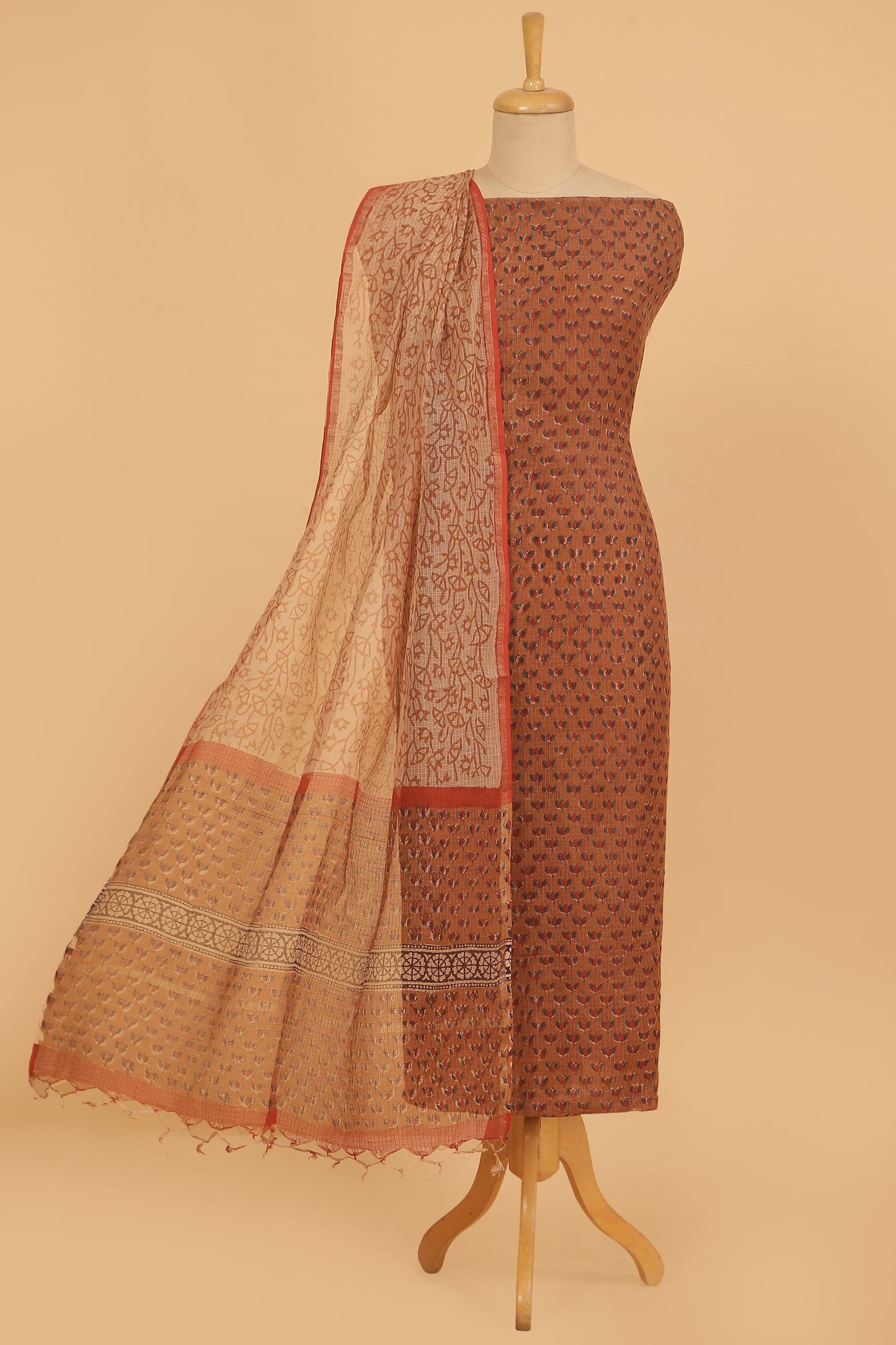 Brown Hand Block Pure Kota Cotton unstitched suit set in Kota doria handblock shirt and dupatta with contrast plain cotton bottom