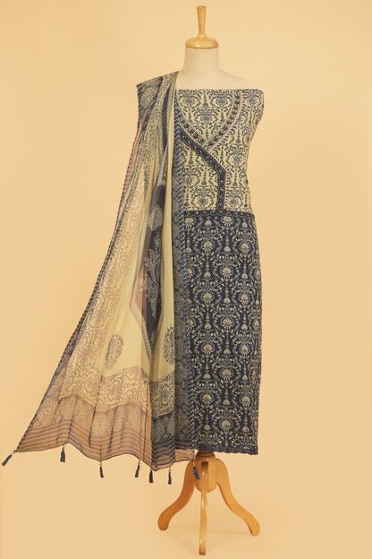 Blue with Beige printed pure cotton unstitched suit set with chiffon printed dupatta