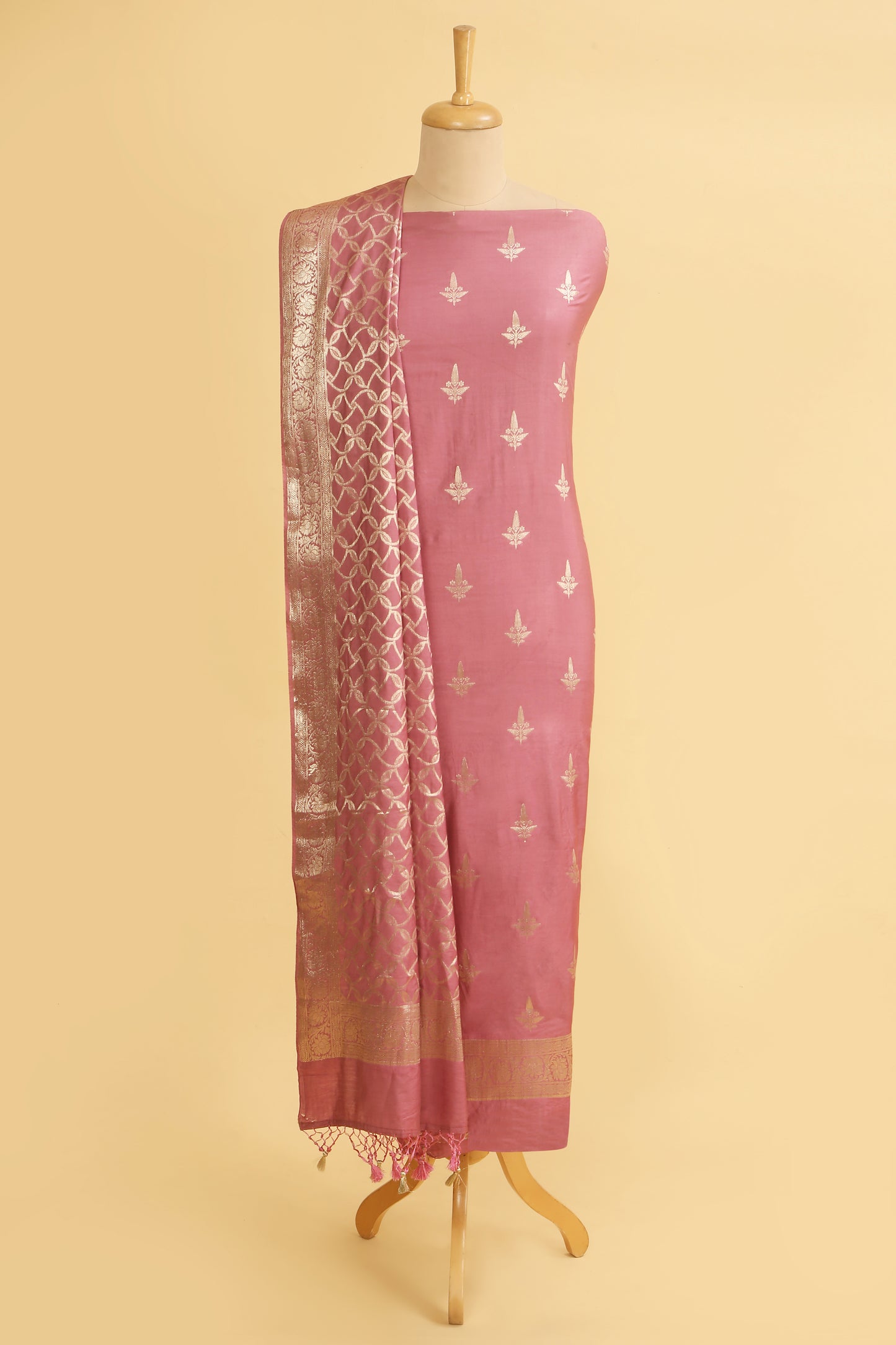 Soft pink Chiniya Silk Blend Zari Woven Unstitched suit set with Zari Woven Dupatta