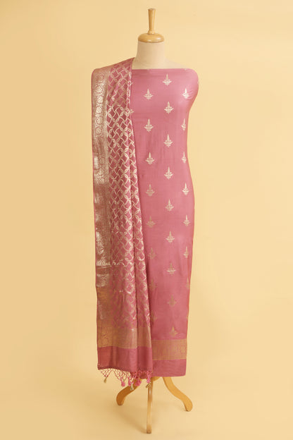 Soft pink Chiniya Silk Blend Zari Woven Unstitched suit set with Zari Woven Dupatta