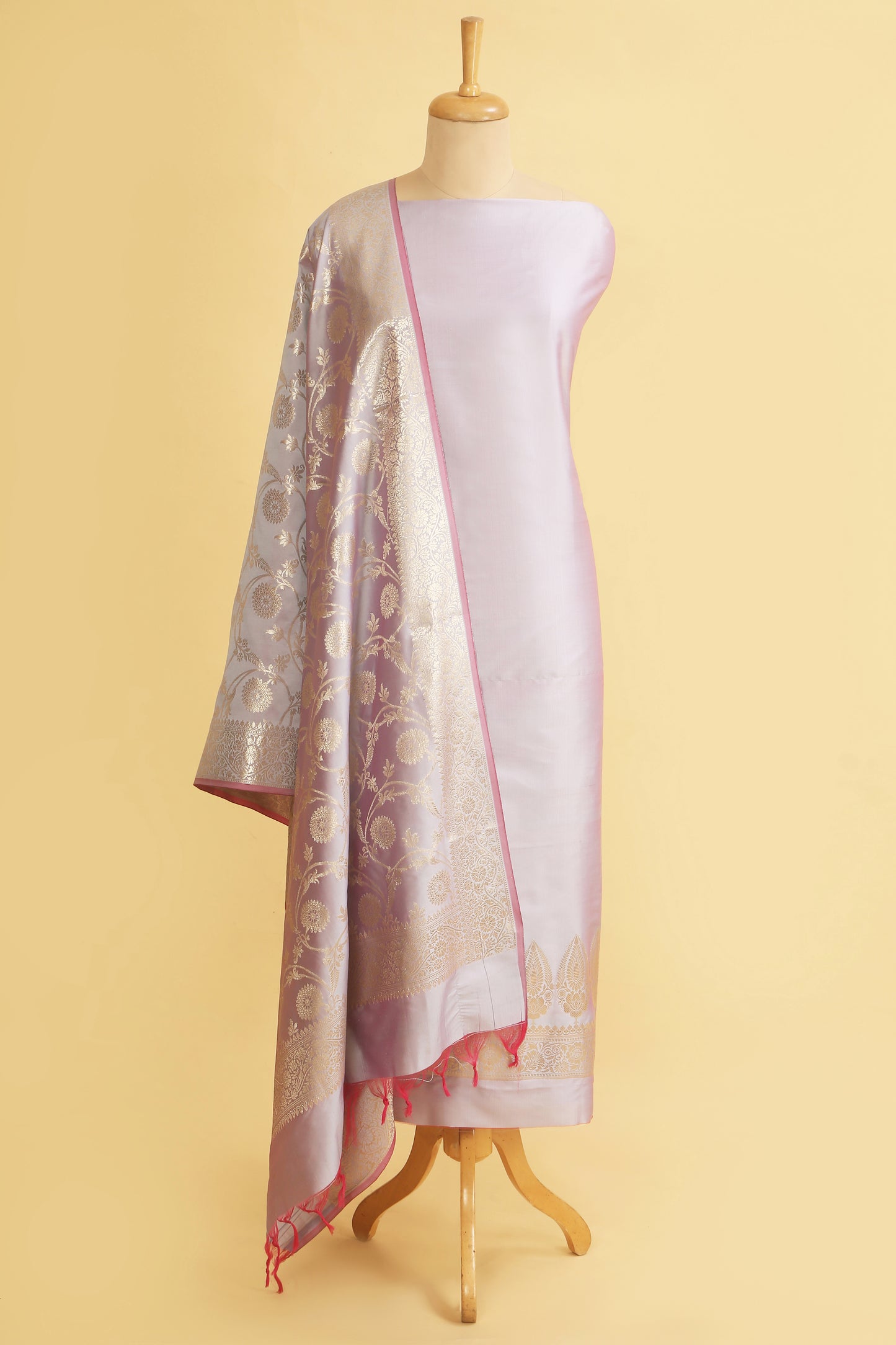 Lavender Banarasi Silk Blend Suit Set in Plain Shirt with Front Border and Jaal Woven Dupatta