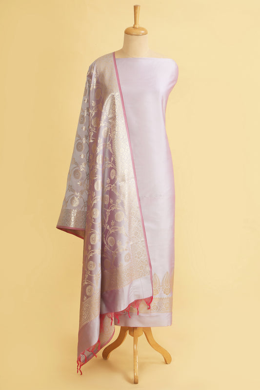 Lavender Banarasi Silk Blend Suit Set in Plain Shirt with Front Border and Jaal Woven Dupatta