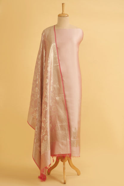 Chiku Banarasi Silk Blend Suit Set in Plain Shirt with Front Border and Jaal Woven Dupatta