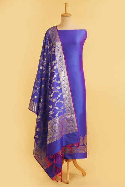 Royal Blue Banarasi Silk Blend Suit Set in Plain Shirt with Front Border and Jaal Woven Dupatta