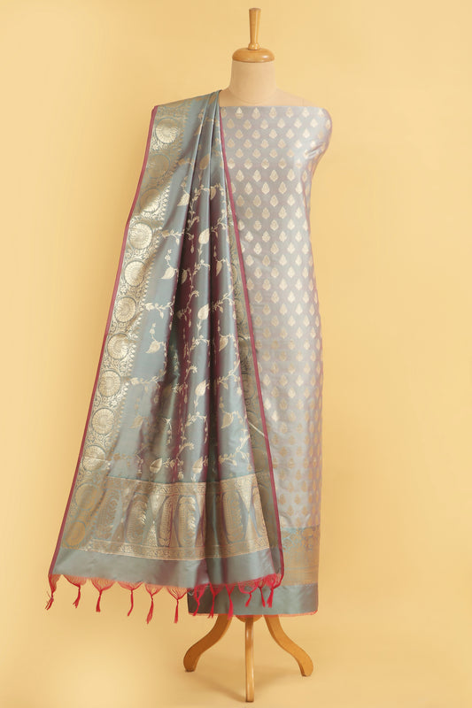 Grey Pastel Base paired with Buti on shirt in Banarasi Silk Blend with Self Contrast Jaal Woven Dupatta