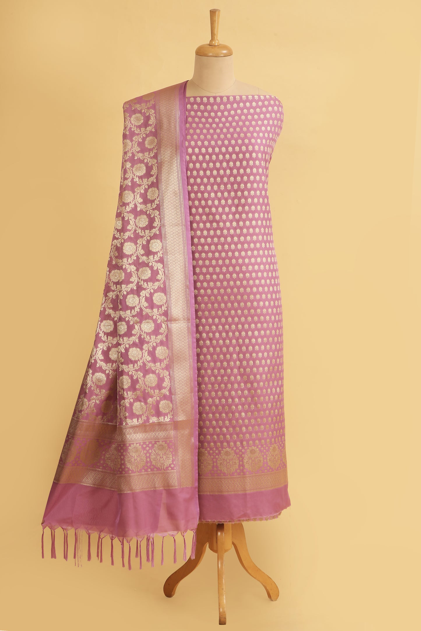 Onion Pink Katan Silk Blend Unstitched suit set with Tradtional Buti woven shirt and Tradional jaal woven Dupatta
