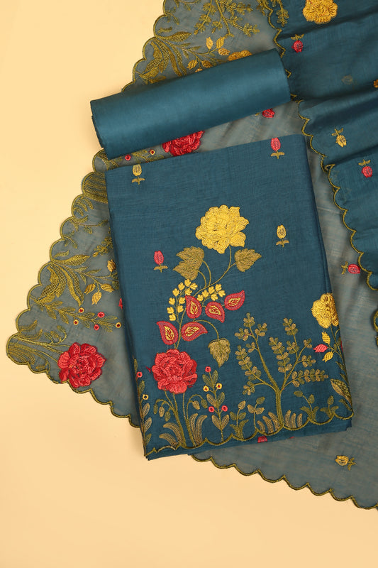 Teal Blue Mul Chanderi unstitched suit set with multi color embroidery on shirt and dupatta with scallop work